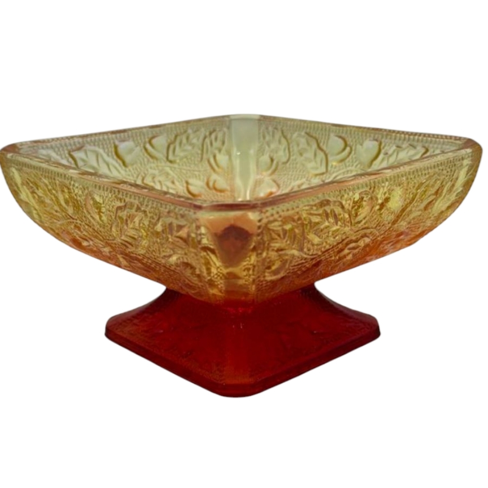 Vintage Amberina Glass Square Pedestal Candy Dish Red Amber Leaf Berry Compote